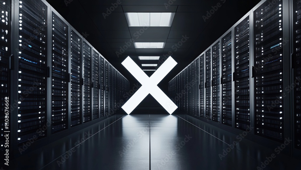 Poster data center corridor: servers and illuminated x mark in a modern server room