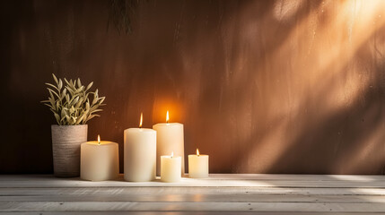 Burning candles on a white wooden table against a brown background, with space for text.