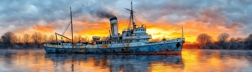 Old rusty ship at sunset on calm water.