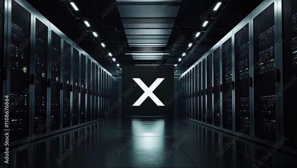 Poster modern data center server room interior design with illuminated x logo on wall advanced technology i