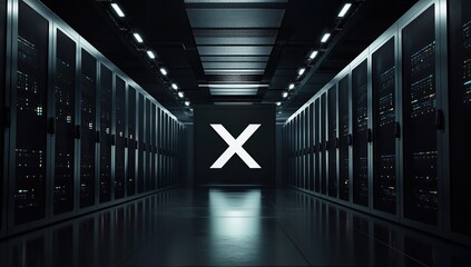 Fototapeta premium Modern Data Center Server Room Interior Design with Illuminated X Logo on Wall Advanced Technology Infrastructure Network Servers