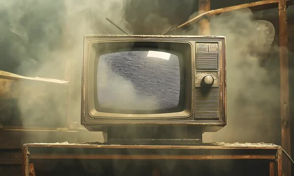 An old television set sits on a wooden table, surrounded by a smoky atmosphere, evoking a sense of nostalgia and mystery.
