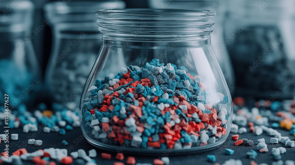 Poster material science polymers properties concept. a polymer sample image featuring added nanoparticles, 
