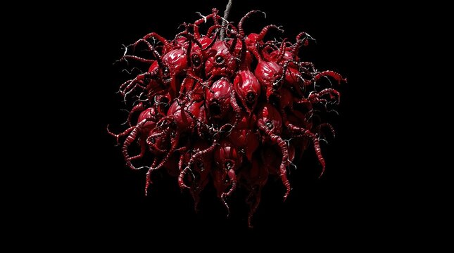 Abnormal and mutated red fruit with strange features on dark background, produce, uncommon, weird