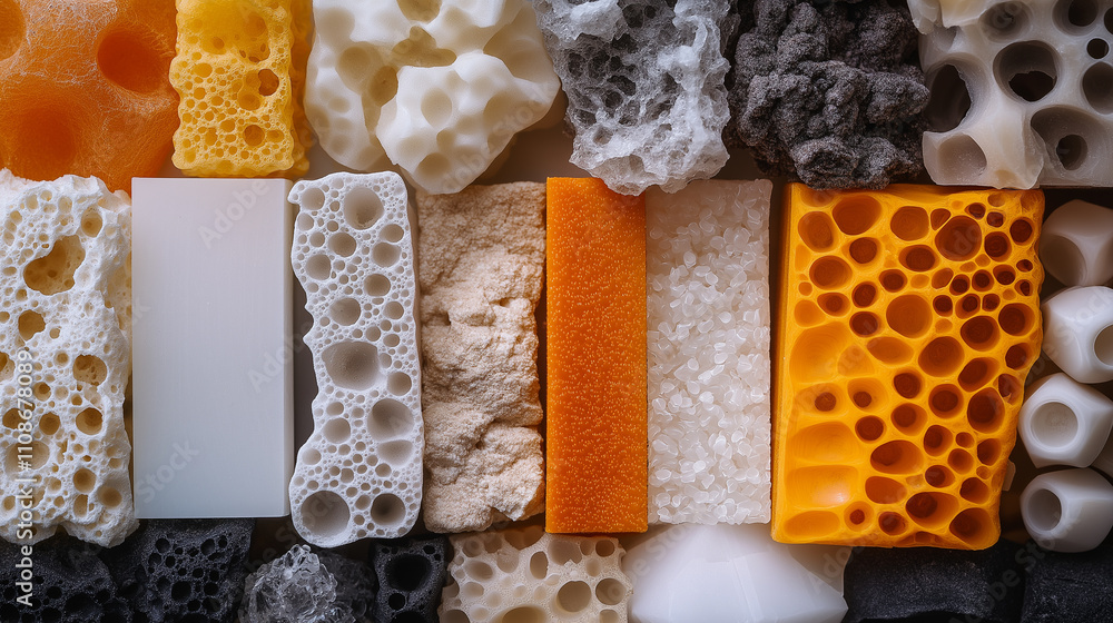 Aufkleber material science polymers properties concept. close-up image of various polymer samples showcasing d