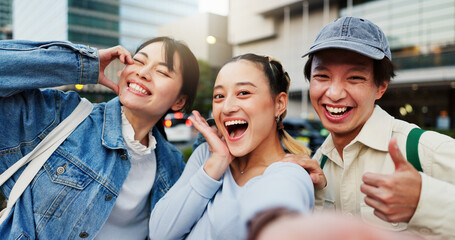 Japanese, friends and selfie for portrait in city of photography, social media post and travel...