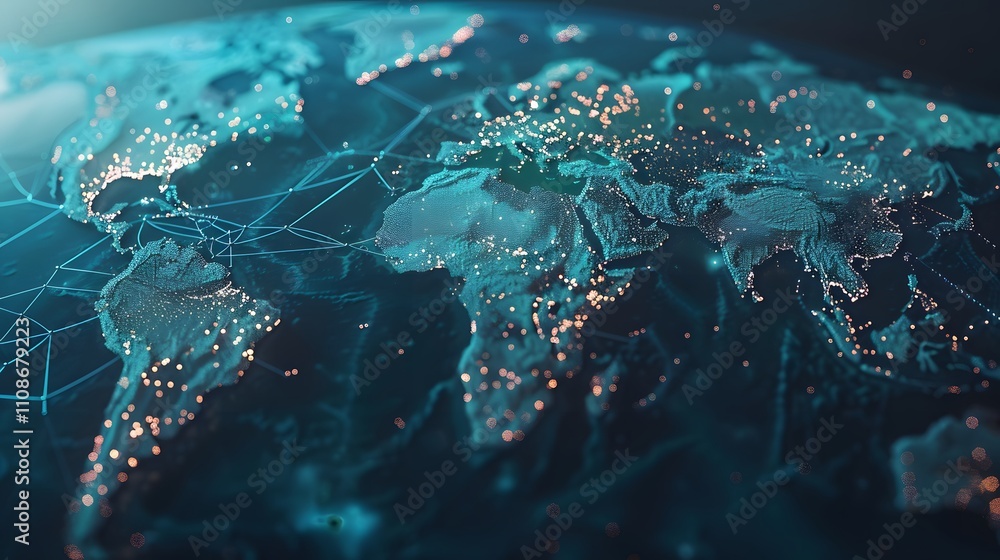 Poster global network illuminated world map showing connections