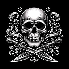 Skull and crossed swords with ornate design.