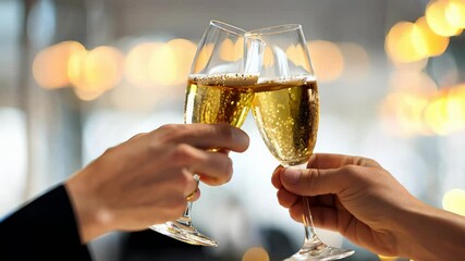 A close-up view of two hands raising champagne glasses in celebratory toast with golden bubbles and festive bokeh lights creating sophisticated and joyful ambiance