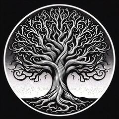 Fototapeta premium Intricate black and white tree illustration.
