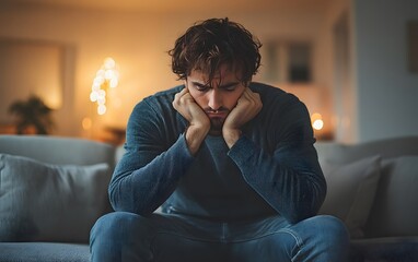 Individual in distress reflecting on sad memories while sitting on a sofa, facing challenges related to mental health and emotional pain from past trauma or stress