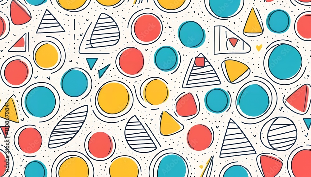 Poster vibrant abstract geometric pattern design featuring circles triangles and other shapes in yellow red