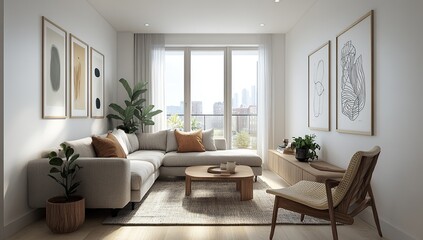 Fototapeta premium Modern Minimalist Apartment Living Room Design with City View, Neutral Tones and Natural Light
