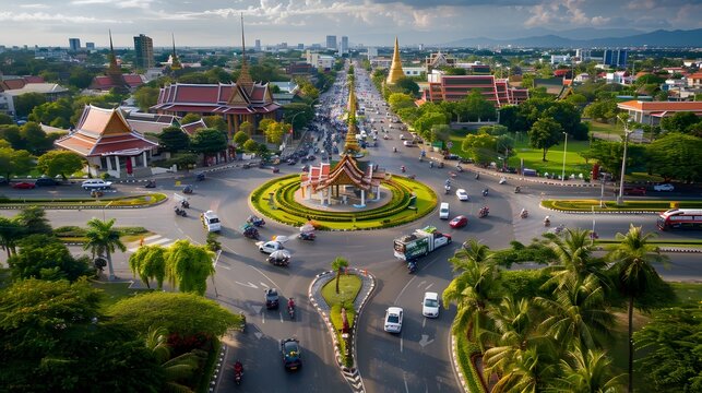 Aerial View of Cityscape with Temples and Roundabout