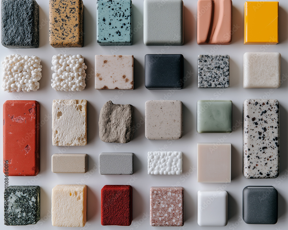 Aufkleber material science polymers properties concept. image depicting various polymer materials being molded