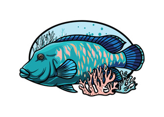 Fototapeta premium Create a vector illustration of a Napoleon Wrasse, showcasing its vibrant colors and unique features. High detail, accurate anatomy.