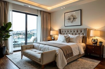 A stylish bedroom features a cozy king bed, plush seating, and large windows overlooking a tranquil waterfront setting. Generative AI