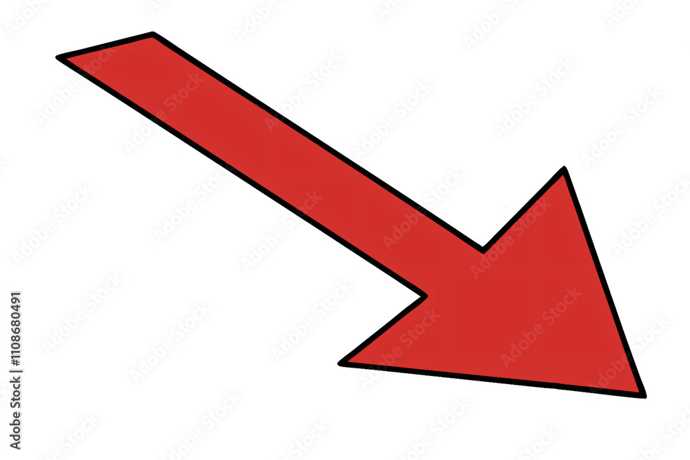 Poster a simple red arrow slants downward diagonally, symbolizing a straightforward drop or decline, common