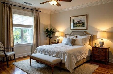 Obraz premium This serene bedroom is designed with soft colors and warm lighting, creating a tranquil atmosphere for relaxation. Generative AI