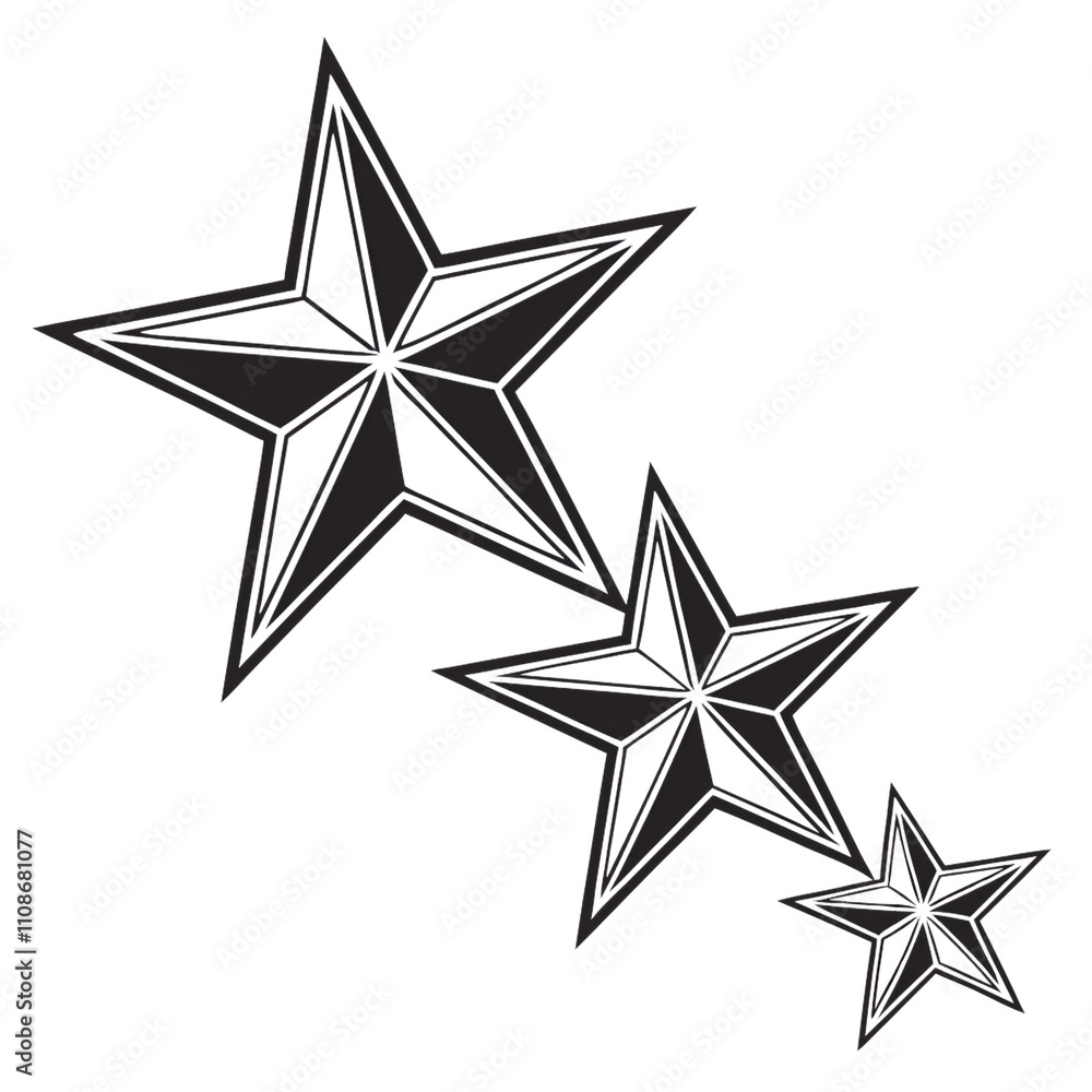 Poster three black outlined stars with symmetrical, overlapping layers, creating a dynamic cascade effect, 