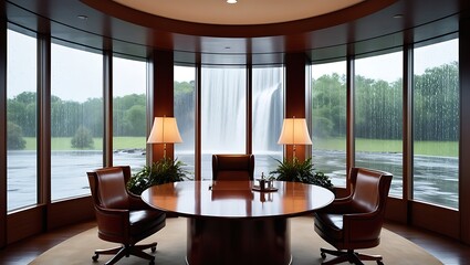 Obraz premium This high-definition 8K image captures the serene elegance of a modern office space designed to inspire tranquility and productivity. Floor-to-ceiling windows frame a lush waterfall cascading amidst.