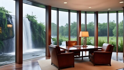 Fototapeta premium This high-definition 8K image captures the serene elegance of a modern office space designed to inspire tranquility and productivity. Floor-to-ceiling windows frame a lush waterfall cascading amidst.