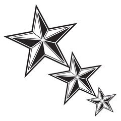 Obraz premium Three black outlined stars with symmetrical, overlapping layers, creating a dynamic cascade effect, isolated on a transparent background