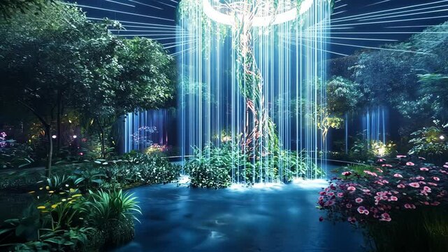 Futuristic Indoor Garden Oasis: A Surreal, Deepmind-Inspired Landscape with a Lush Water Feature and Glowing Trees at Night