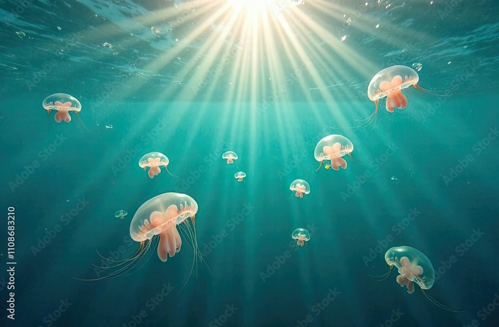 Poster multiple jellyfish float serenely in the ocean's depths, illuminated by rays of sunlight breaking th