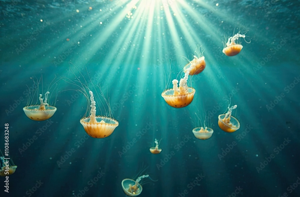 Poster jellyfish drift gracefully through the deep ocean, illuminated by shafts of sunlight filtering throu