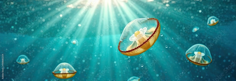 Poster jellyfish float elegantly beneath the surface, illuminated by rays of sunlight filtering through cle