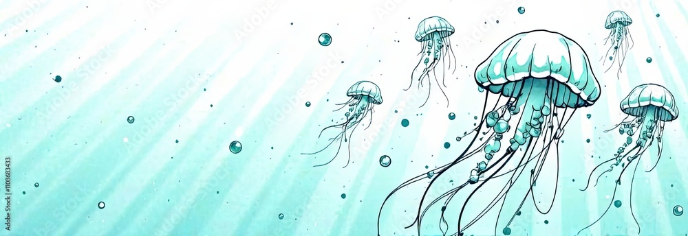 Poster graceful jellyfish float through clear turquoise waters, surrounded by soft bubbles and rays of ligh