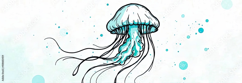 Poster a vibrant jellyfish moves effortlessly in clear water, surrounded by shimmering bubbles, creating a 