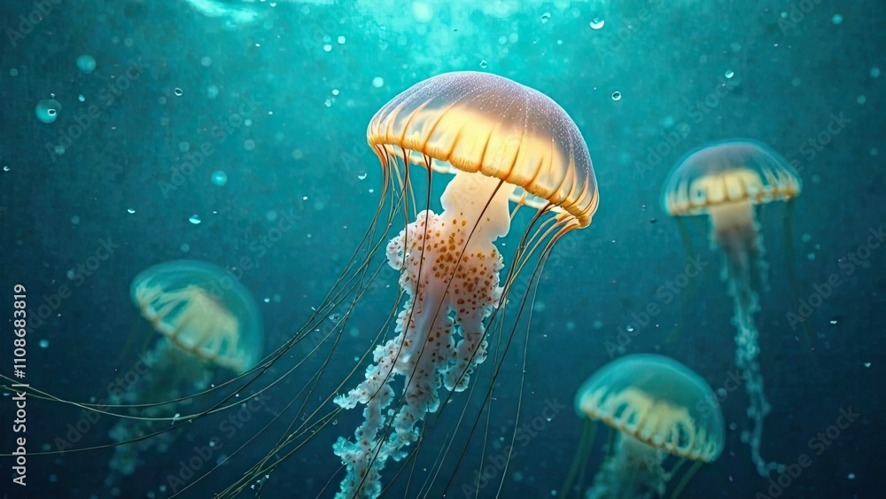 Poster groups of jellyfish float serenely in warm ocean waters, illuminated by rays of sunlight streaming d
