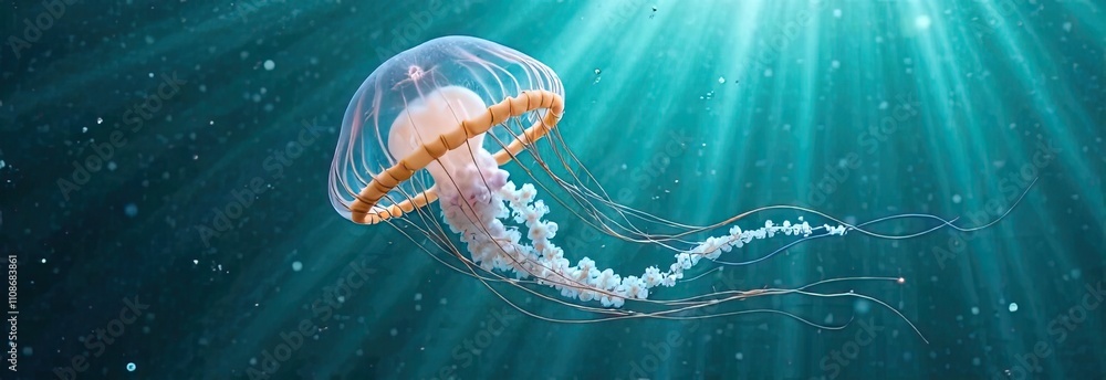 Poster a jellyfish floats effortlessly in deep blue waters, with sunlight casting beautiful rays around it,