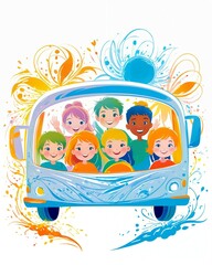 Fototapeta premium Watercolor abstract drawing of happy children playing with toy bus. Cute children riding the toy Bus. bus and kids in a white background