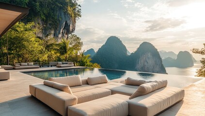 Obraz premium Luxury Villa with Infinity Pool Overlooking Stunning Ocean and Mountain Views in Thailand
