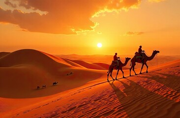 Two riders navigate sand dunes on camels as the sun sets, casting a warm glow over the tranquil desert landscape. Generative AI