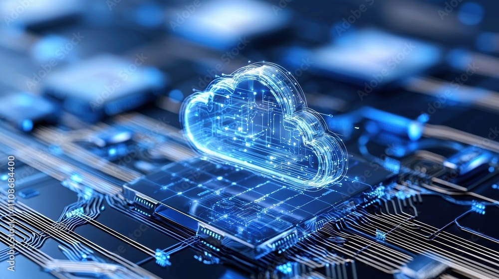 Poster cloud computing symbol glowing over a circuit board with digital connections.