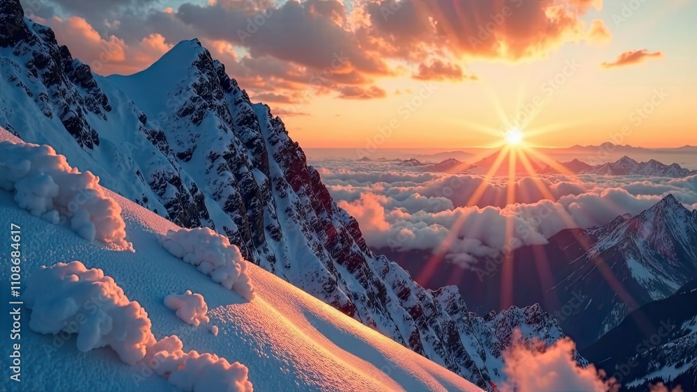 Poster sun sets behind rugged peaks, casting golden rays over a snowy terrain and fluffy clouds, creating a