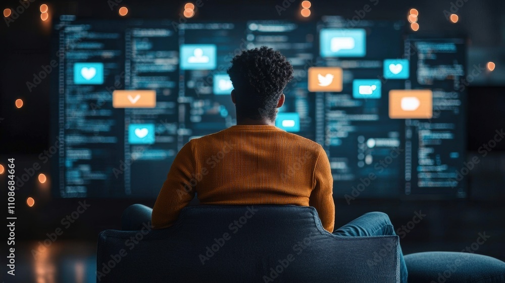 Aufkleber person sitting in front of a large digital screen displaying data and social media icons