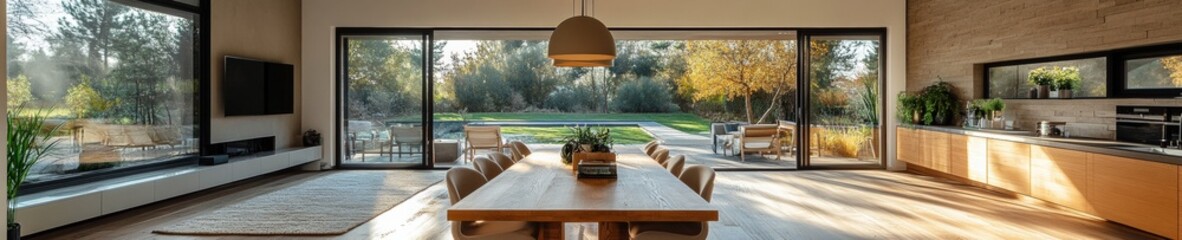Fototapeta premium Modern Open-Concept Dining Area with Wooden Table and Pendant Light in Elegant Home Interior