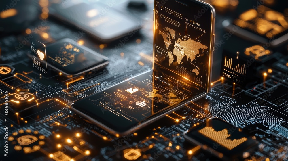 Aufkleber digital holographic smartphone interface displaying global maps, analytics, and futuristic data.