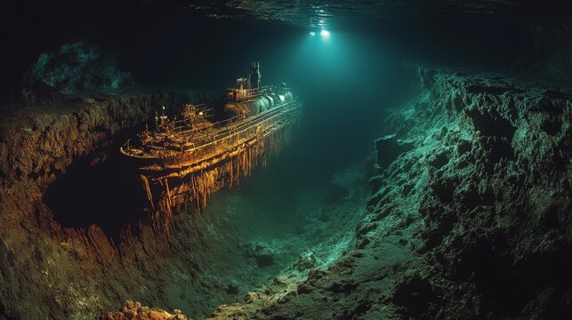 Submersible Illuminates Mysterious Deep-Sea Trench in Atmospheric Ocean Exploration Scene