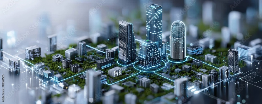 Aufkleber futuristic cityscape model with glowing buildings and connected technology networks. digital renderi
