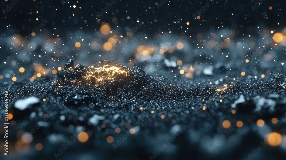 Aufkleber close-up of sparkling golden particles on a dark textured surface. abstract background with glowing 