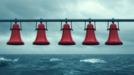 Five red bells hang above a turbulent ocean under a moody sky, evoking a sense of drama and maritime atmosphere.