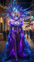 Fototapeta premium Venetian masquerade costume with intricate golden mask, Venetian masquerade costume in night carnival, elegant Venetian masquerade costume at festival celebration