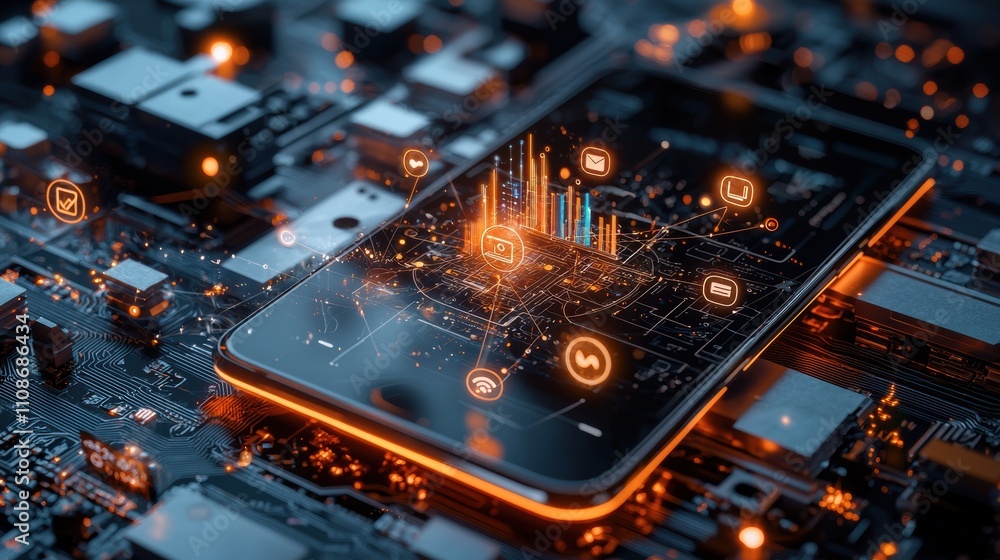 Aufkleber close-up of a smartphone with glowing holographic icons and digital data on a circuit board backgrou