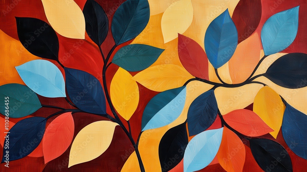 Aufkleber a vibrant abstract artwork featuring colorful leaves in various shapes, arranged against a warm back